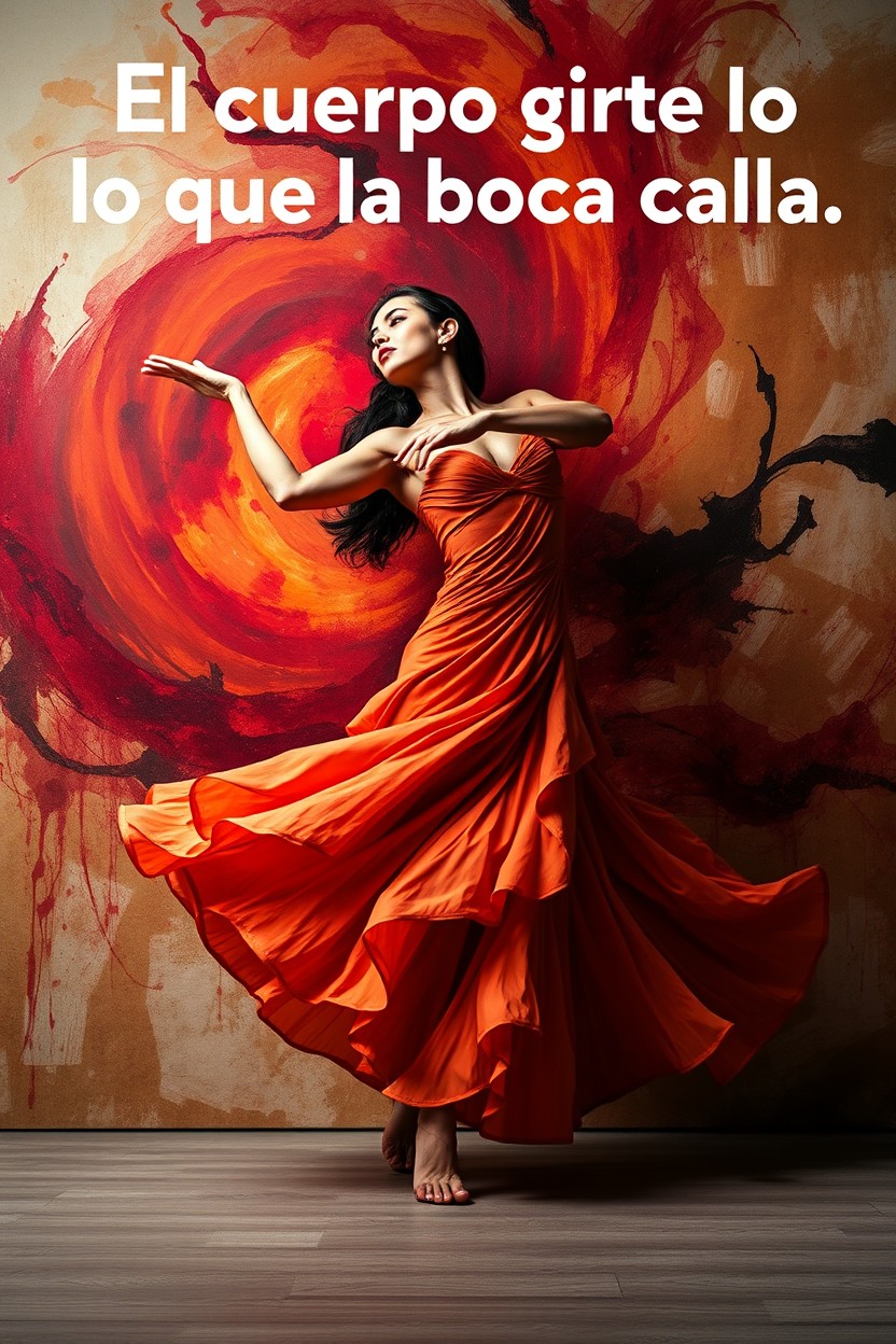 An artistic representation of the expression 'El cuerpo grita lo que la boca calla', showcasing a powerful dancer in a dramatic pose