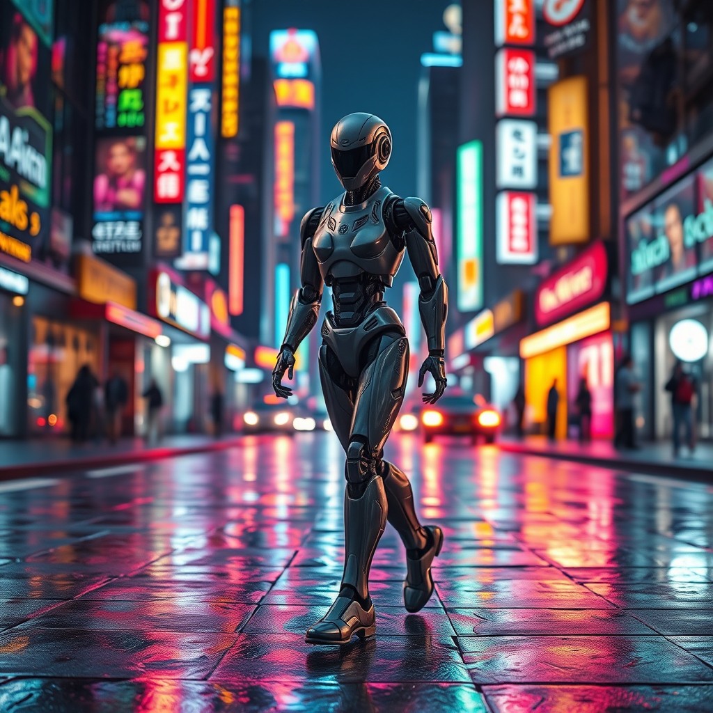 A sleek humanoid robot walking gracefully through a vibrant, neon-lit futuristic city at night