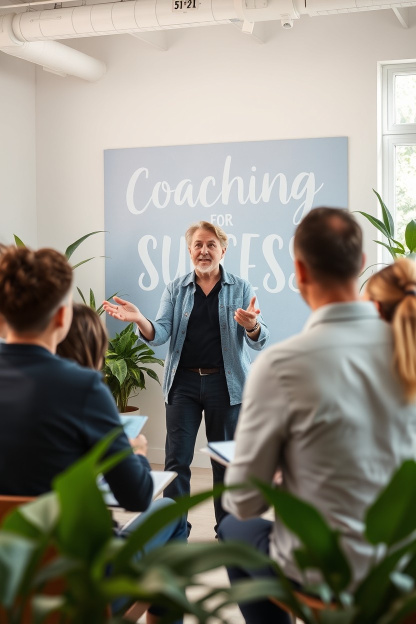 A motivational coaching scene featuring a diverse group of adults engaged in an interactive workshop
