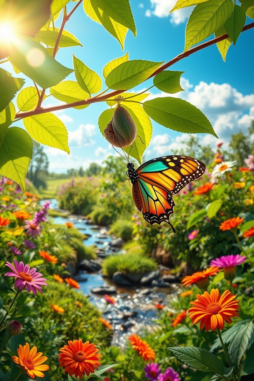 A dynamic scene depicting transformation, showcasing a butterfly emerging from its chrysalis, surrounded by vibrant, blooming flowers in a lush garden setting