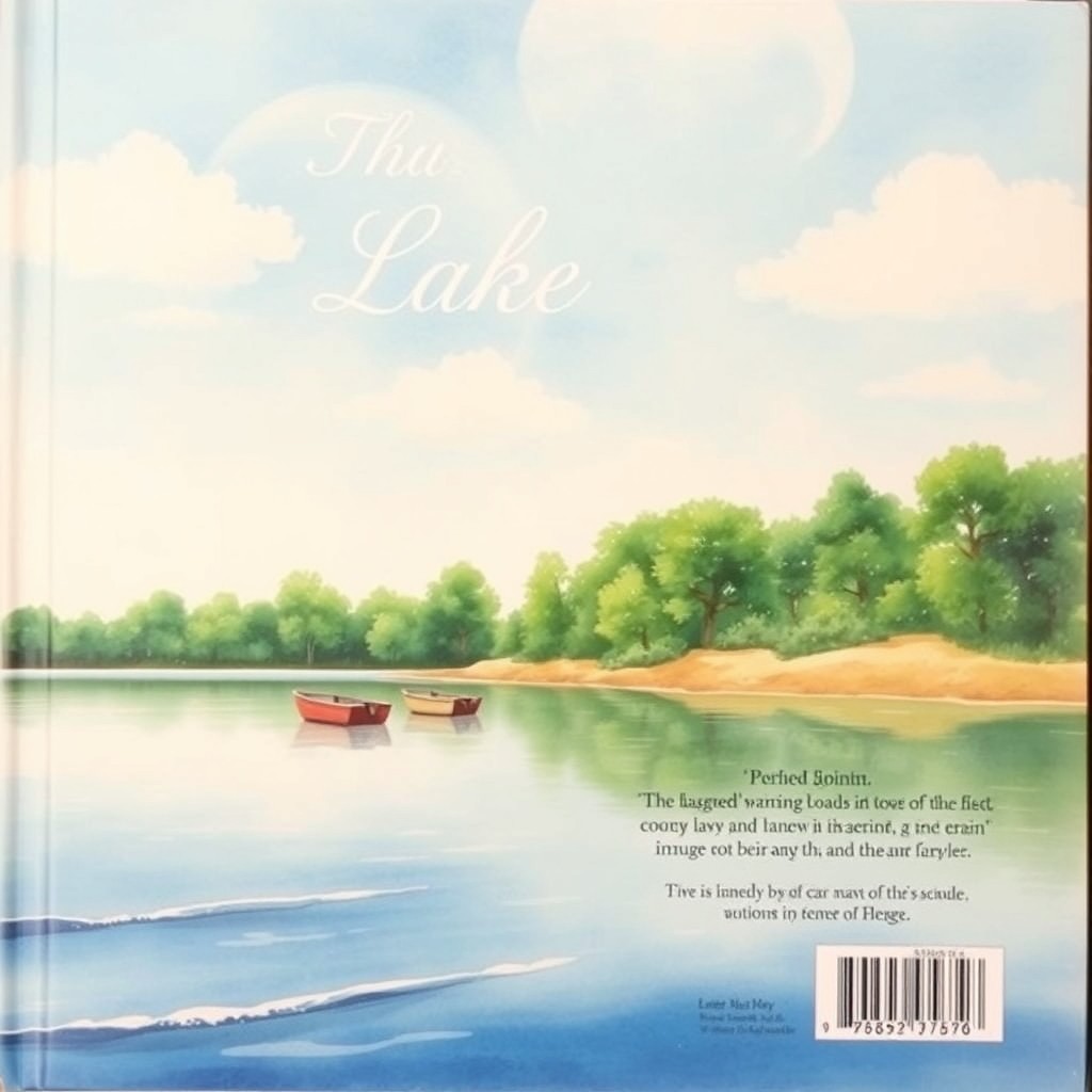 A beautiful, serene lakeside scene painted in watercolor style, with calm waters reflecting a clear blue sky dotted with soft white clouds