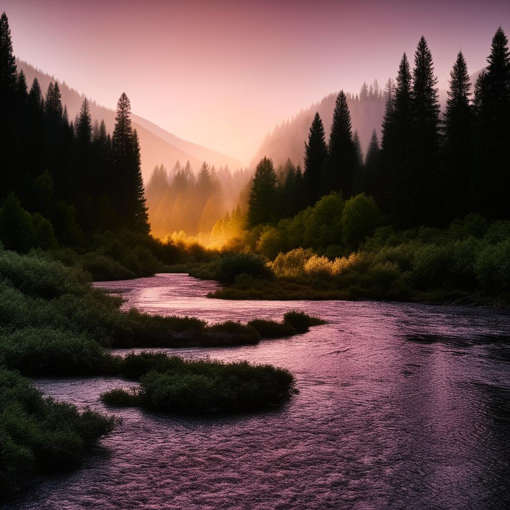 A vivid pink sunrise over an alpine valley, with dense tree cover and a glass-like river that reflects the emerging sunlight perfectly.