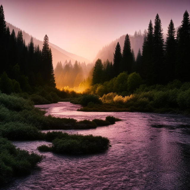 A vivid pink sunrise over an alpine valley, with dense tree cover and a glass-like river that reflects the emerging sunlight perfectly.