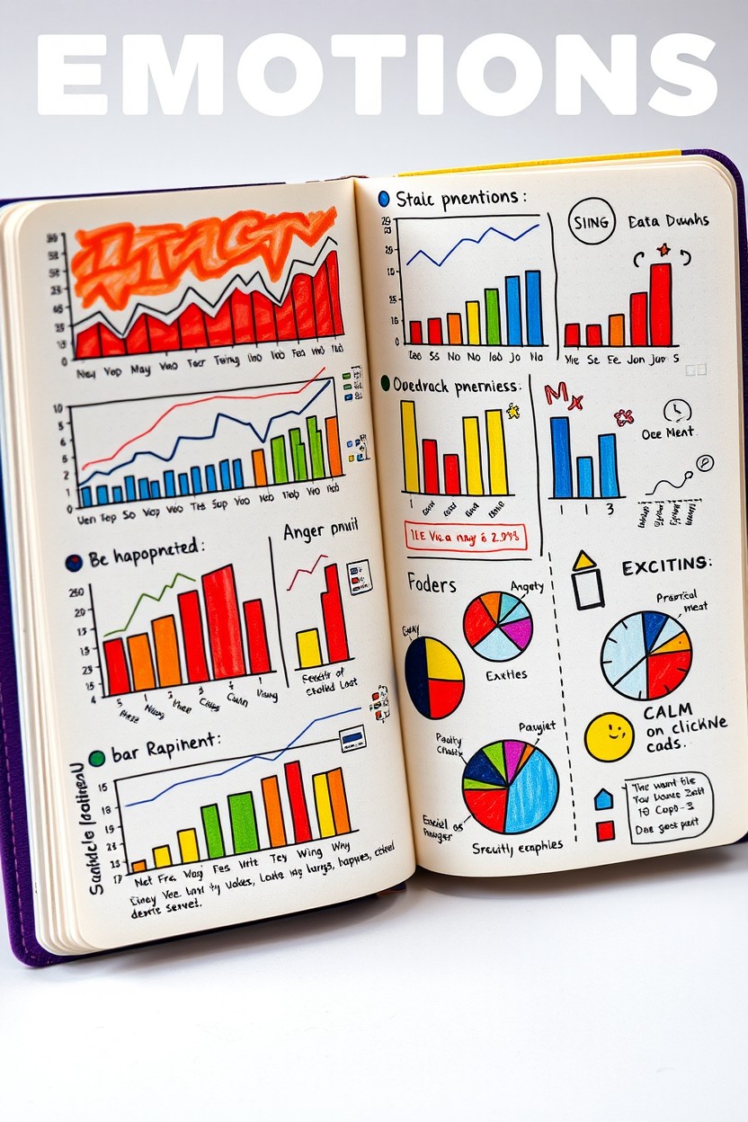 A visually stunning and colorful representation of an emotions notebook filled with various graphs, charts, and illustrations