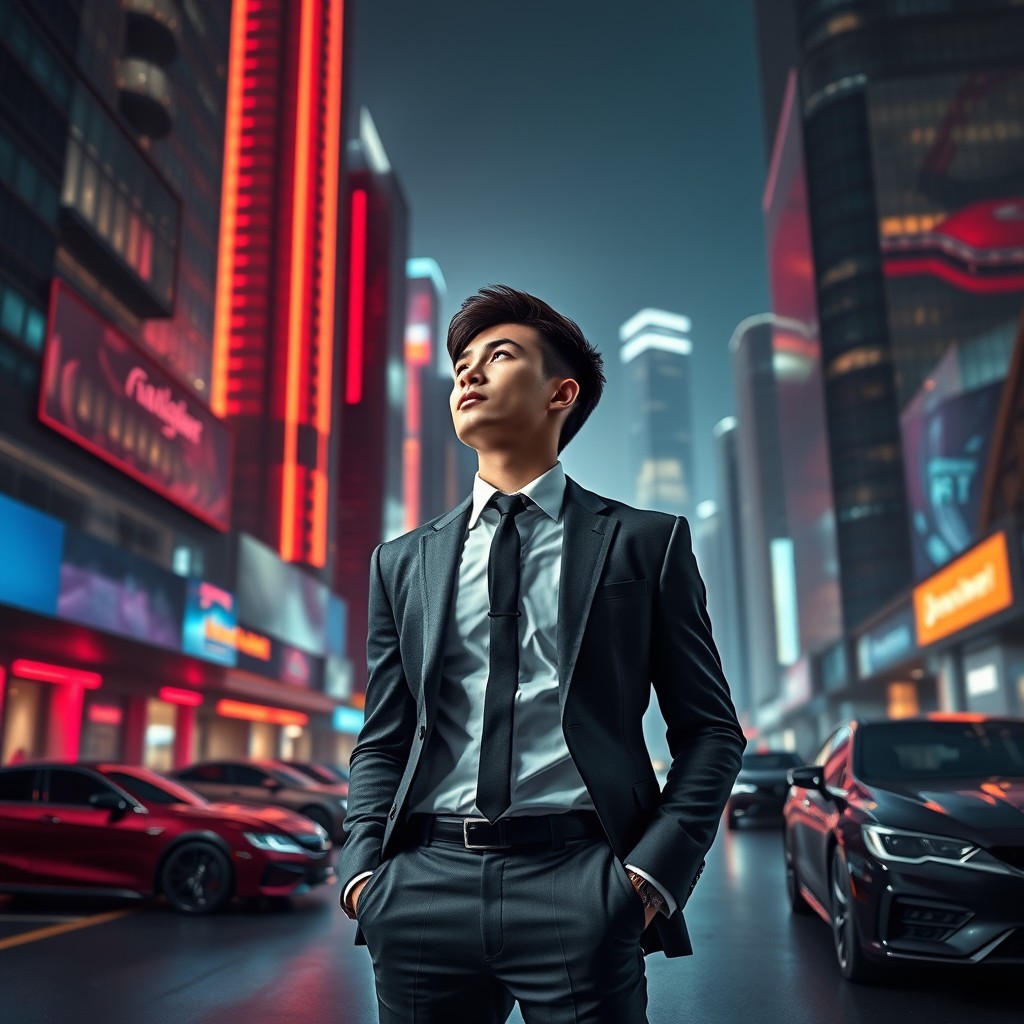 A young man standing confidently, gazing into the future with a hopeful expression, surrounded by a futuristic cityscape featuring tall, modern skyscrapers adorned with neon lights and luxurious cars