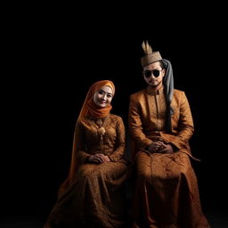 A young Indonesian wedding couple, the man in a cap and Batik clothes, the woman in a hijab and Batik clothes sitting on a long chair. The backdrop is black for a hyperrealistic, ultra-high-definition depiction.