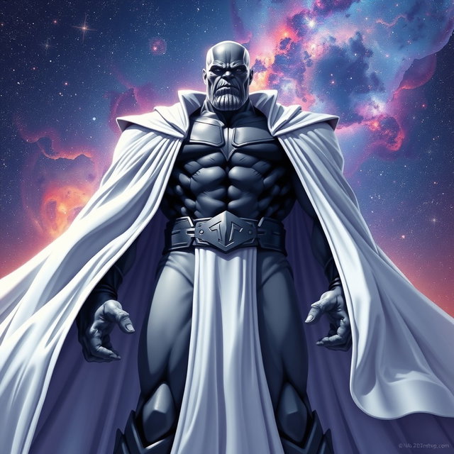 A powerful and imposing figure resembling Thanos from Marvel comics, standing tall with an air of authority