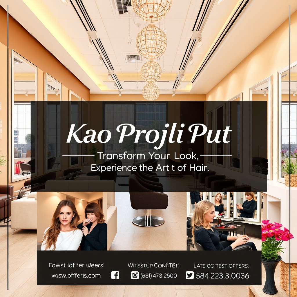 A stylish and modern advertisement showcasing a bright and welcoming hair salon named 'Kao Prošli Put'