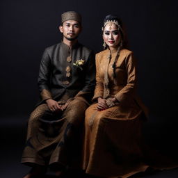 A young Indonesian wedding couple, the man in a cap and Batik clothes, the woman in a hijab and Batik clothes sitting on a long chair. The backdrop is black for a hyperrealistic, ultra-high-definition depiction.