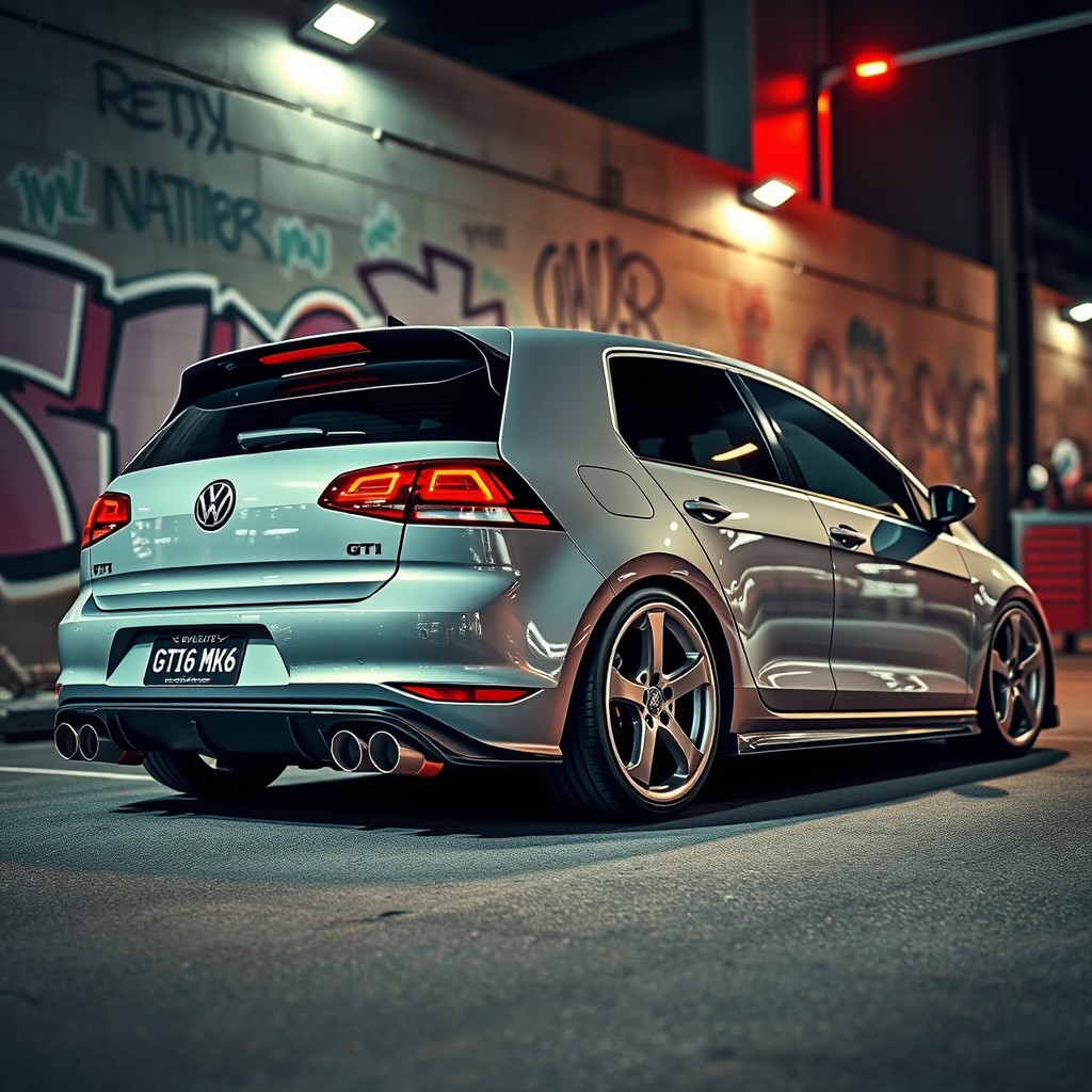 A vibrant scene featuring a GTI MK6 car, showcasing the sleek design and aggressive styling that enthusiasts love