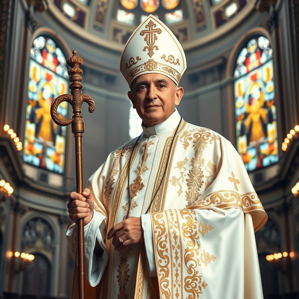 A majestic portrayal of a person dressed as the Pope, with a richly embroidered white cassock adorned with golden trim and intricate religious symbols