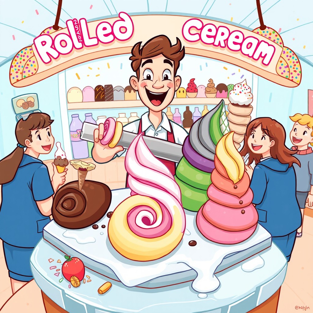 A colorful cartoon-style illustration of rolled ice cream