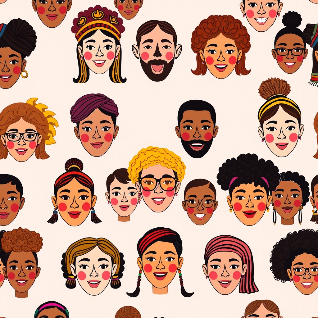 A vibrant and colorful pattern featuring various faces, showcasing a diverse range of expressions and emotions