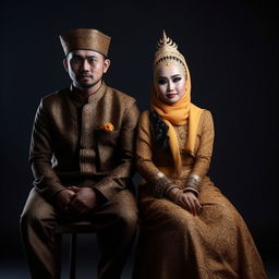 A young Indonesian wedding couple, the man in a cap and Batik clothes, the woman in a hijab and Batik clothes sitting on a long chair. The backdrop is black for a hyperrealistic, ultra-high-definition depiction.