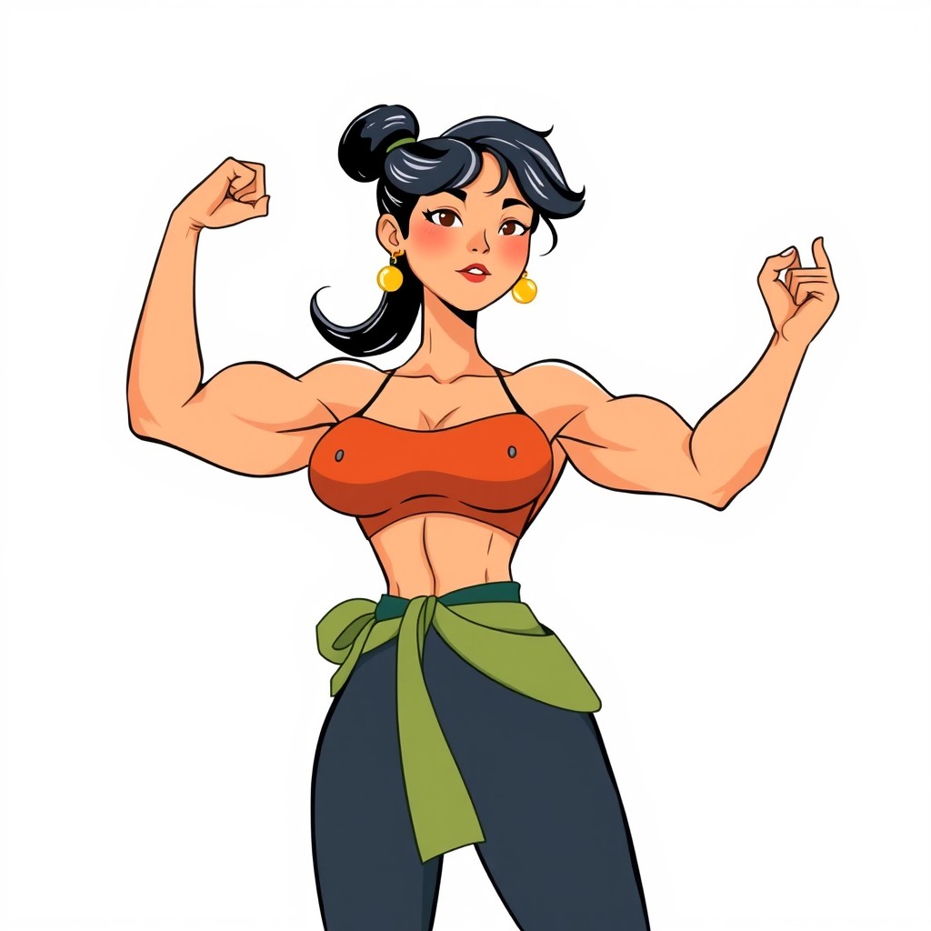 A strong and muscular Asian woman depicted in the style of Jon Klassen, showcasing her powerful physique with an emphasis on dynamic poses