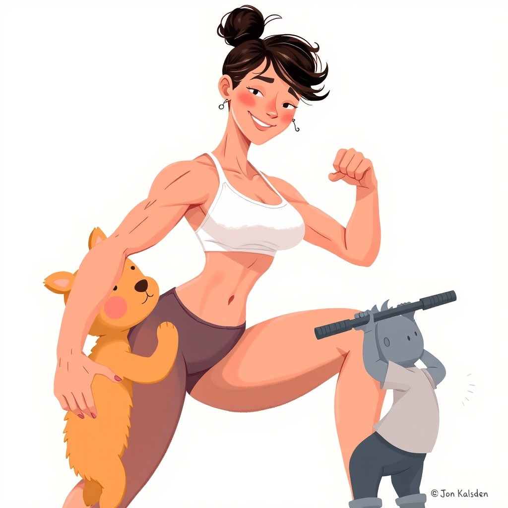 A strong and muscular mother illustrated in the style of Jon Klassen, showcasing her athletic physique while exuding warmth and confidence