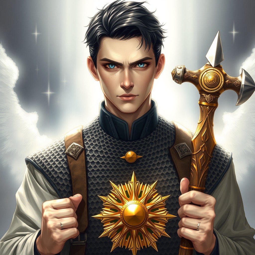 A male priest of the Domain of Light, characterized by striking blue eyes and a height of 180 cm
