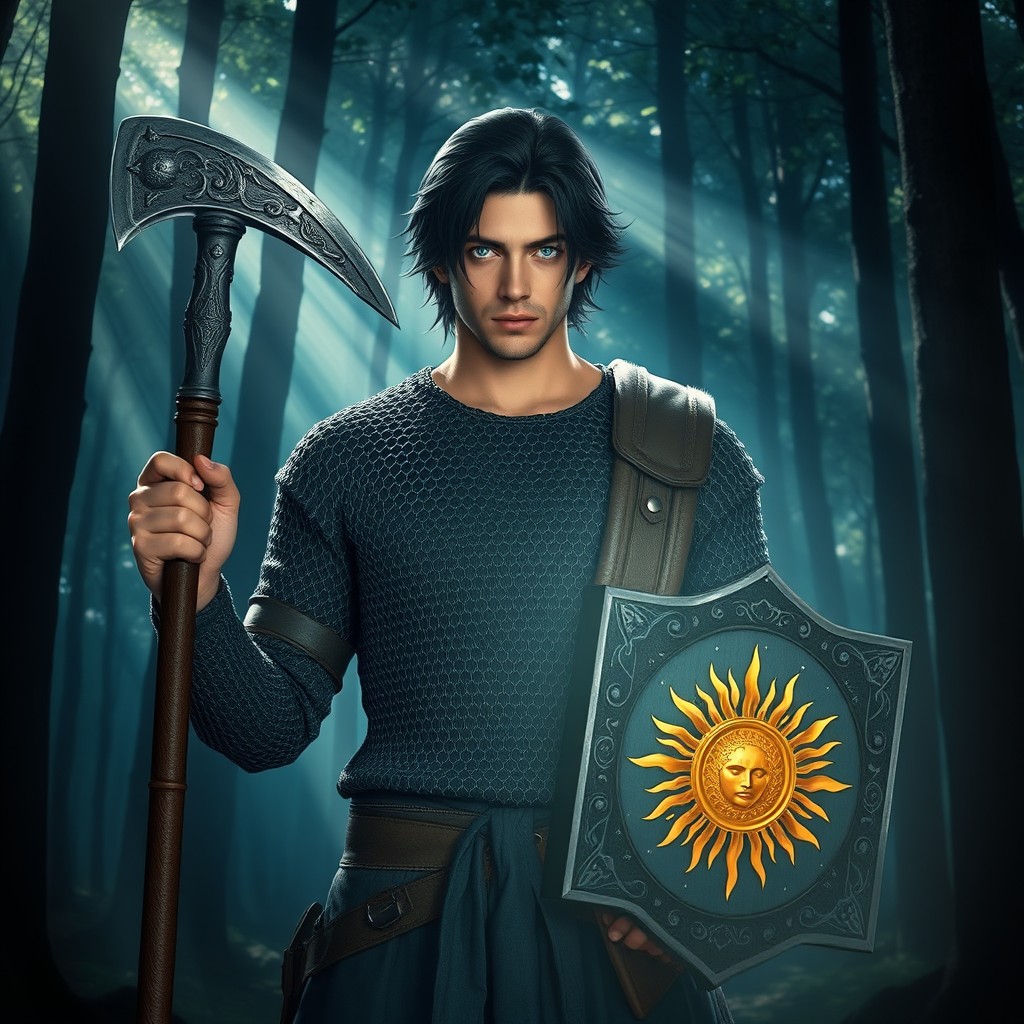 A male Light Domain Cleric with striking blue eyes, standing at 180 cm tall