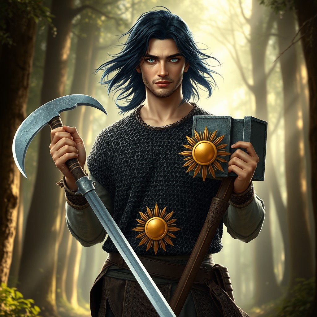 A male Light Domain Cleric with piercing blue eyes, standing at 180 cm tall