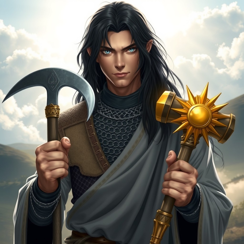 A male priest of the Domain of Light with striking blue eyes and a height of 180 cm