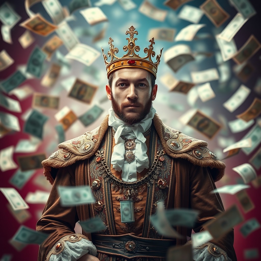 A regal man wearing a crown, standing confidently