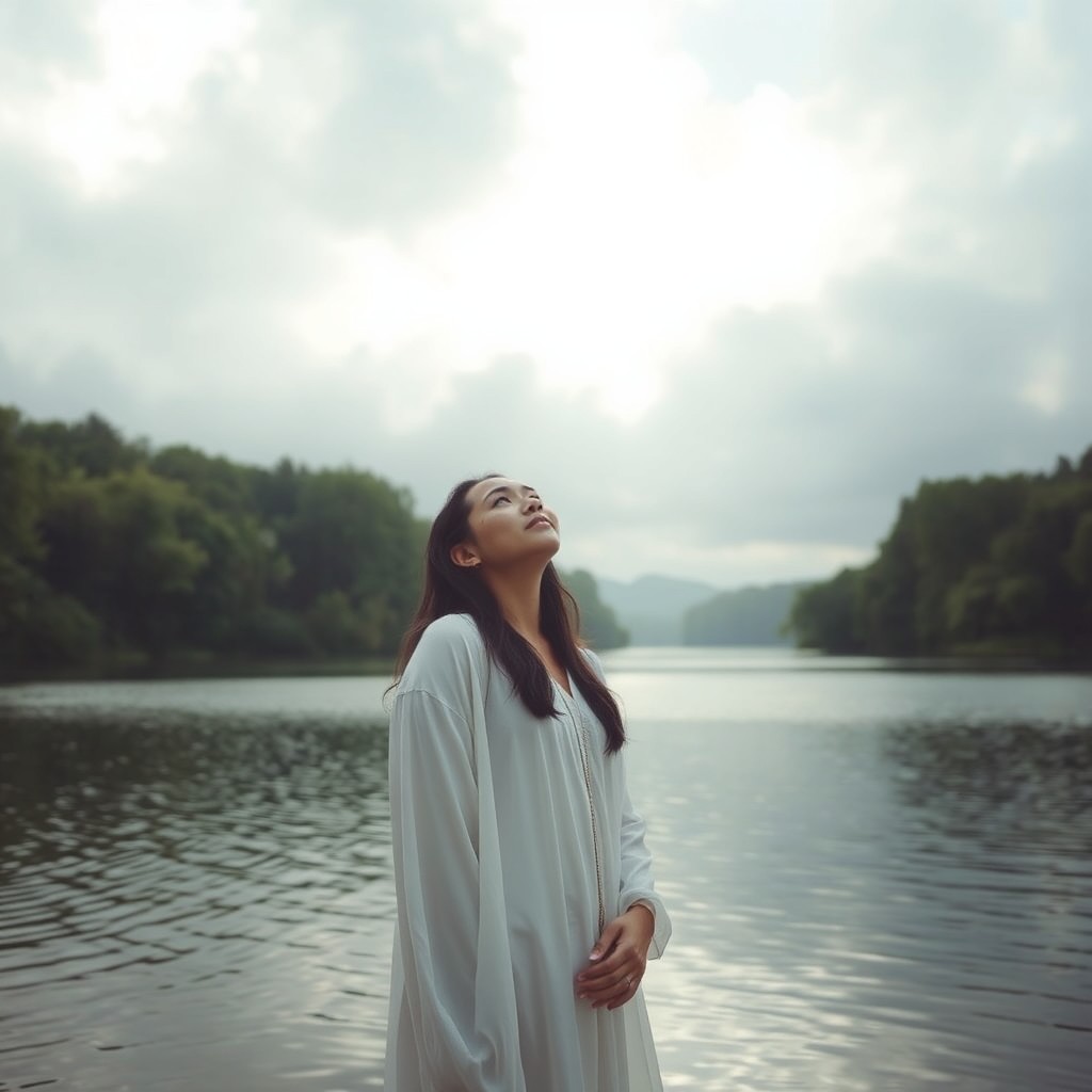 A serene and peaceful scene featuring a gentle light breaking through thick clouds, illuminating a tranquil lake surrounded by lush green trees