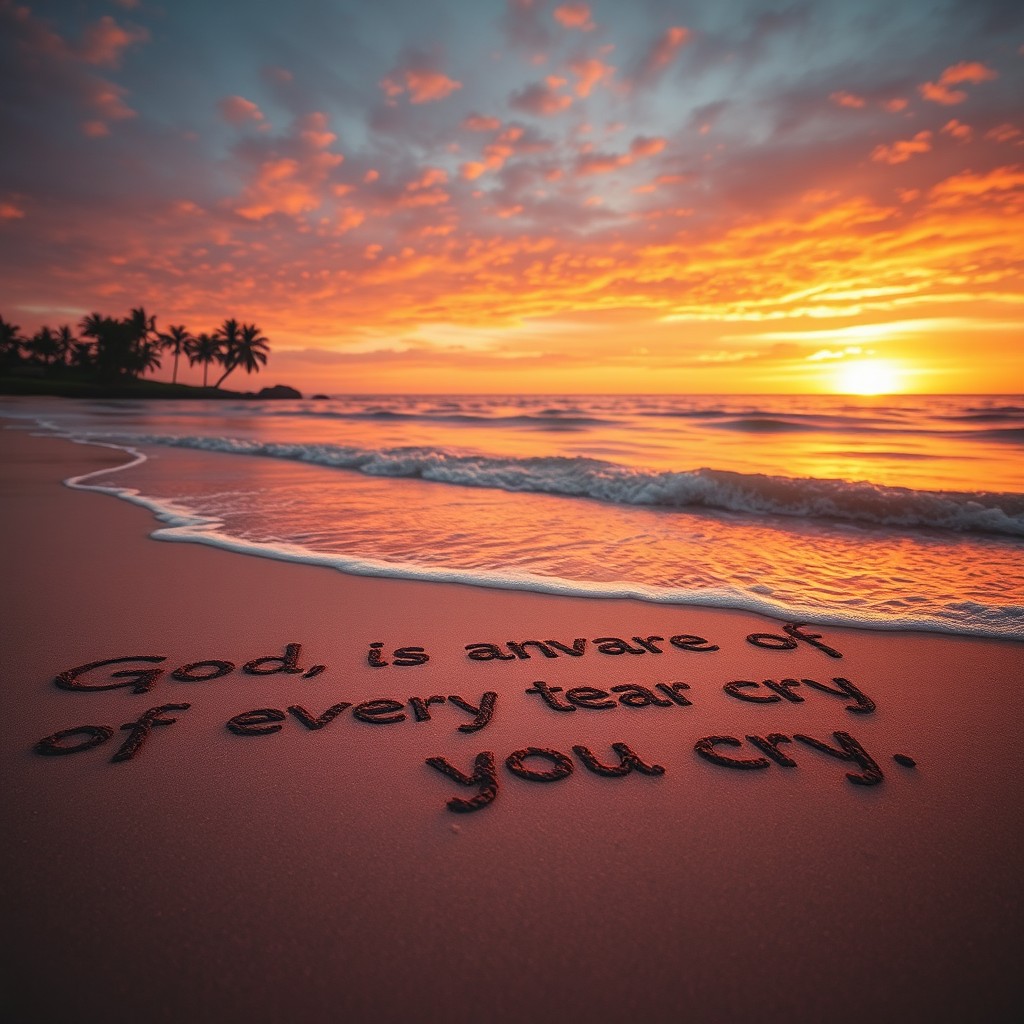 A beautiful beach scene at sunset, where the words 'God is aware of every tear you cry' are elegantly written in the soft sand by the shoreline