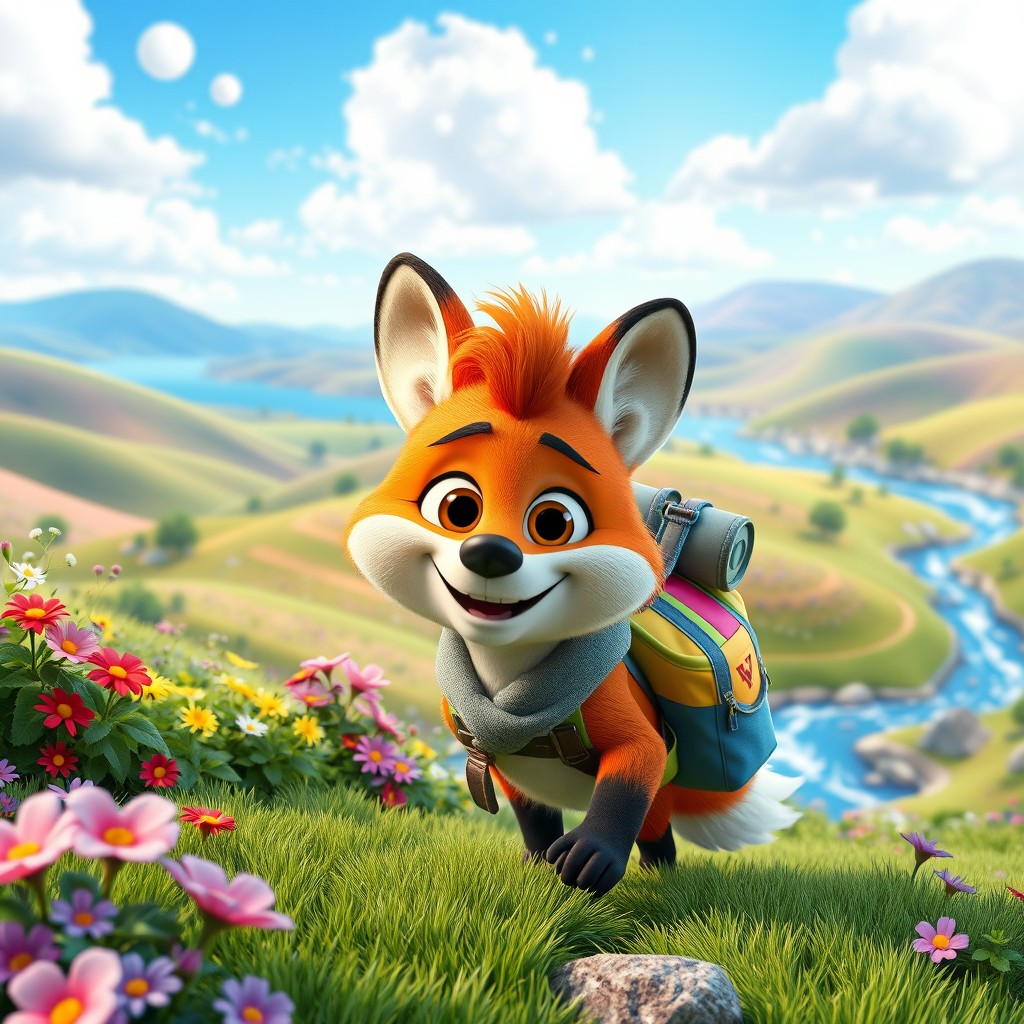 A realistic Disney Pixar style 3D image featuring a whimsical, vibrant scene
