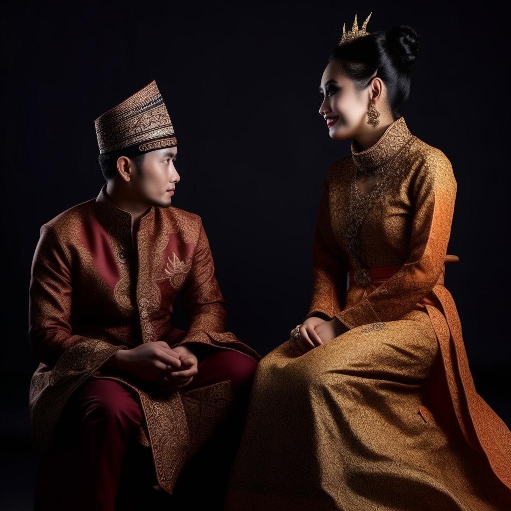 A young Indonesian wedding couple, the man in a cap and Batik clothes, the woman in a hijab and Batik clothes sitting on a long chair. The backdrop is black for a hyperrealistic, ultra-high-definition depiction.