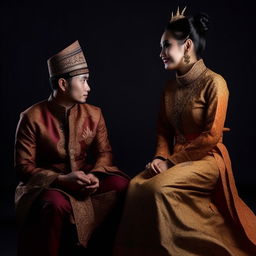 A young Indonesian wedding couple, the man in a cap and Batik clothes, the woman in a hijab and Batik clothes sitting on a long chair. The backdrop is black for a hyperrealistic, ultra-high-definition depiction.