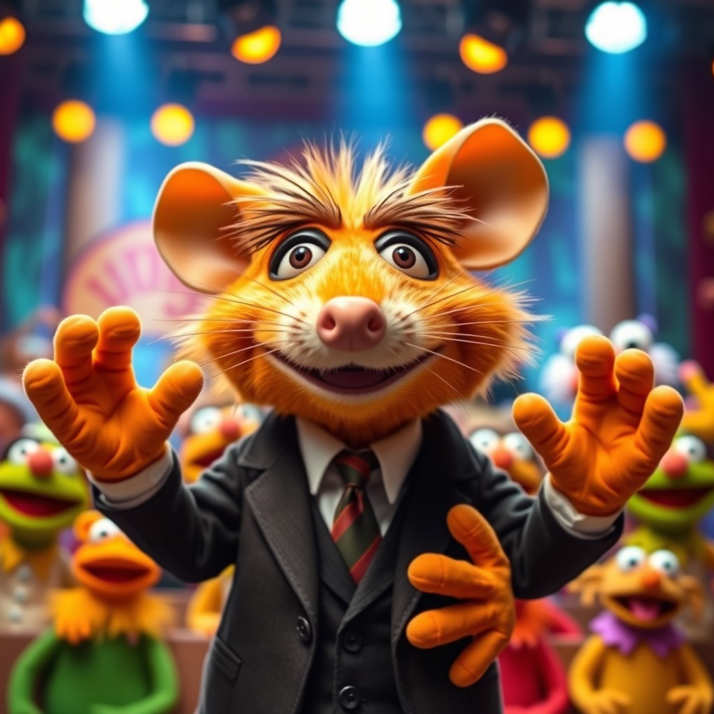 A diminutive orange rat muppet character embodying the likeness of a famous businessman, with exaggerated features like a comb-over hairstyle and a suit, in a colorful Muppet Show setting