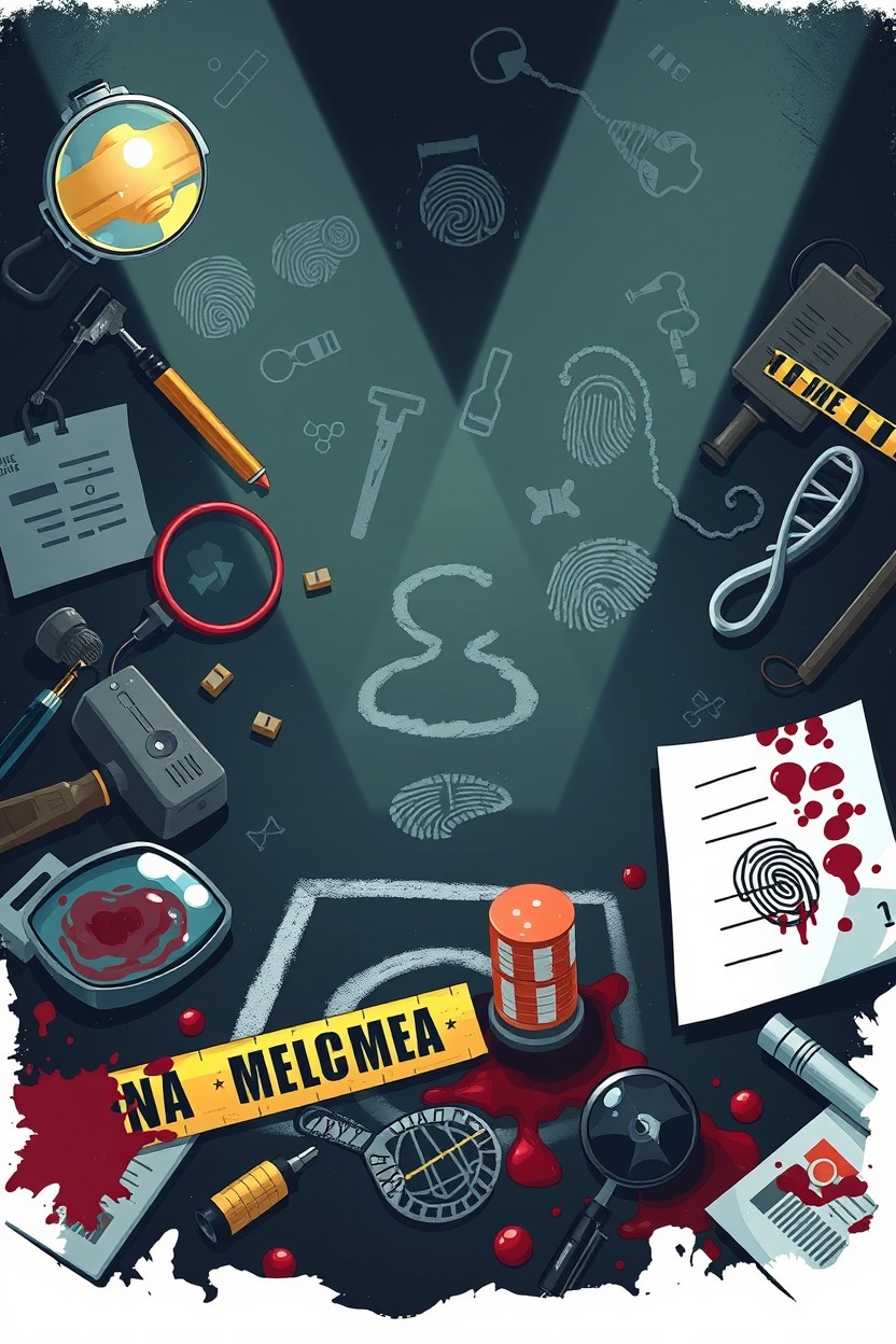 An engaging illustration focusing on criminalistics, showcasing various forensic science disciplines