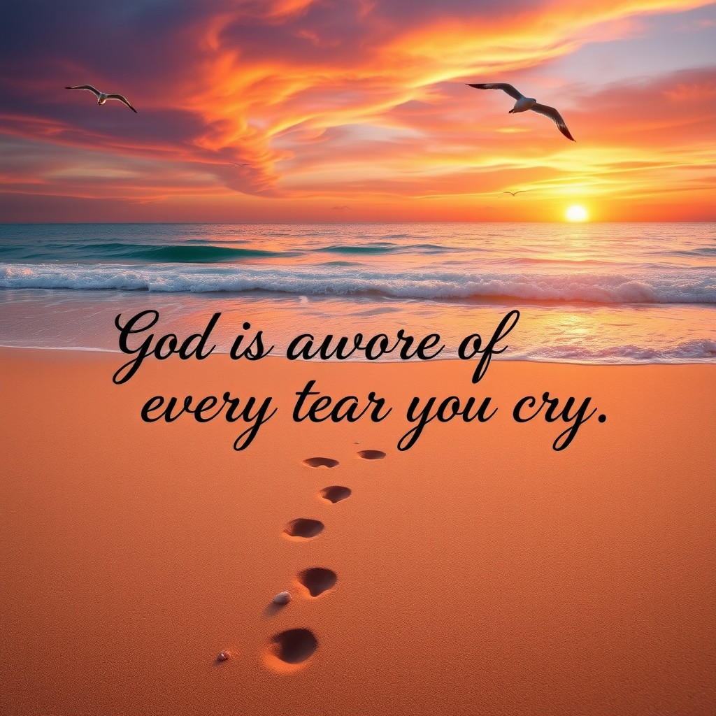 The words 'God is aware of every tear you cry' beautifully written in elegant script on the soft, golden sea sand