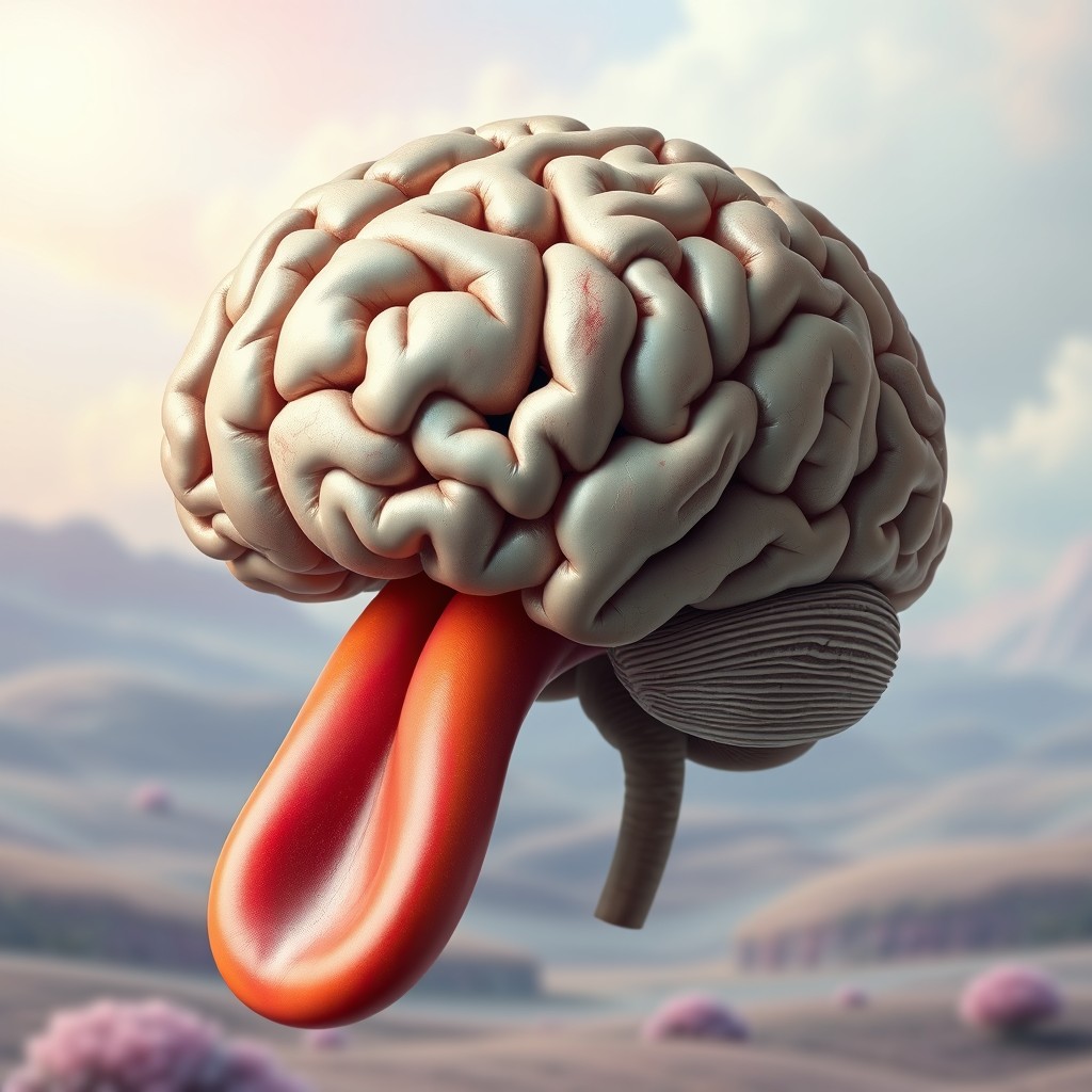 A surreal depiction of a brain being gently licked by a large, colorful tongue