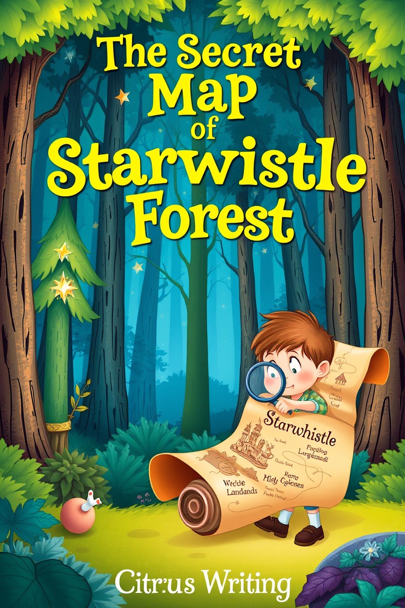 A whimsical and enchanting book cover for a children's book titled 'The Secret Map of Starwhistle Forest'