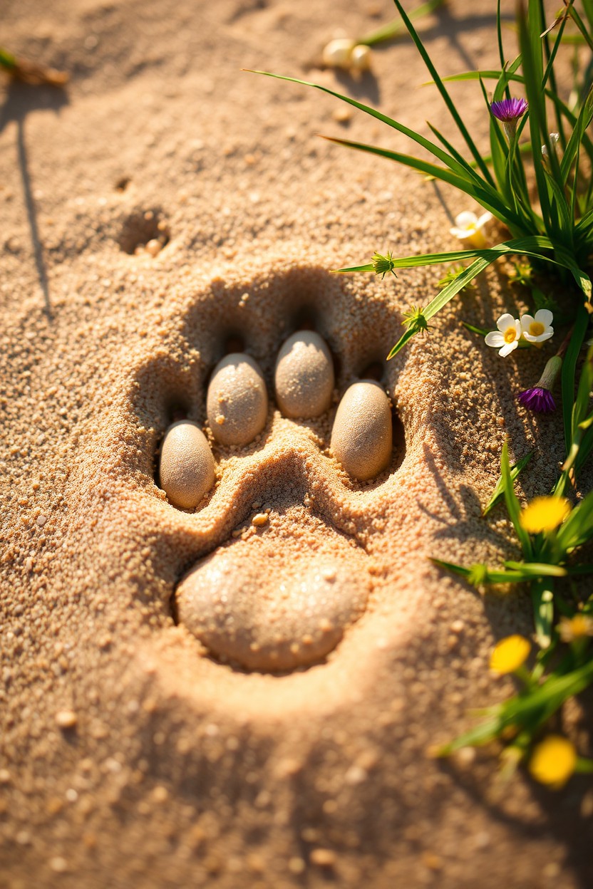 A close-up of a unique, detailed animal paw print in soft sand, with fine textures visible in the grains, surrounded by greenery such as delicate grass and small colorful wildflowers