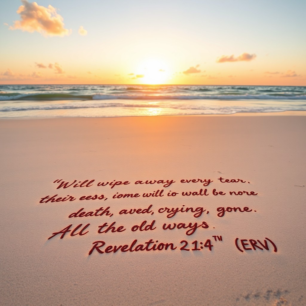 A serene beach scene with fine white sand and gentle waves lapping at the shore