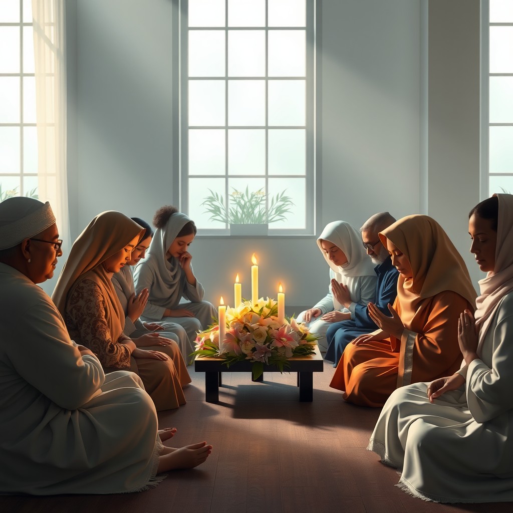 A peaceful and serene scene depicting a diverse group of people sitting together in a tranquil environment, engaging in silent prayer
