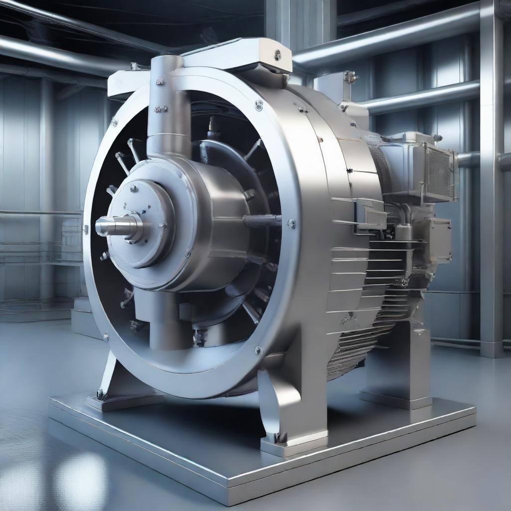 A highly realistic image of a centrifugal compressor, showcasing intricate mechanical details and reflective metal surfaces, set within an industrial background.