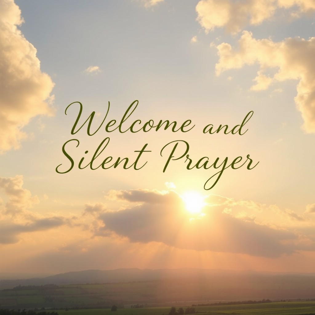 A beautiful morning sky filled with soft clouds and a warm golden hue, featuring the phrase 'Welcome and Silent Prayer' elegantly scripted across the sky in an ethereal style