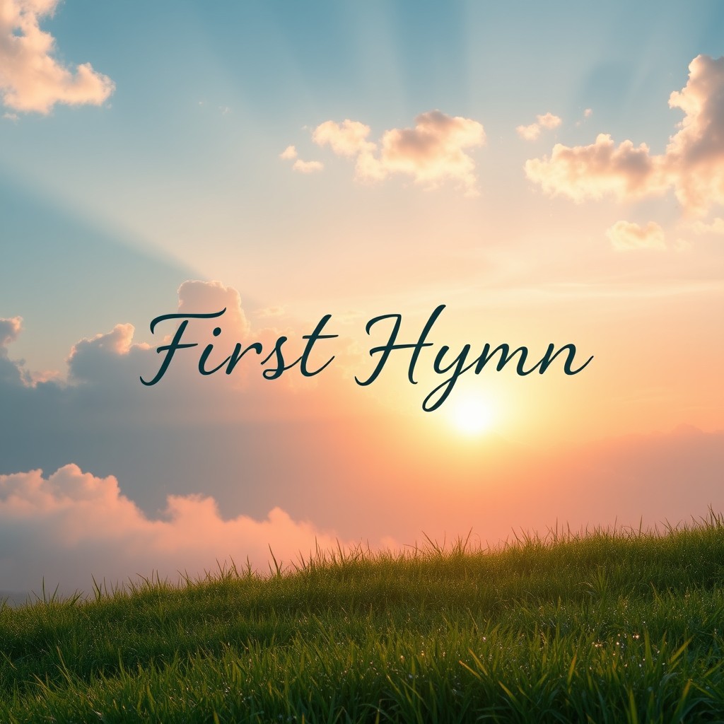 A breathtaking view of the phrase 'First Hymn' elegantly written in the sky against a beautiful morning backdrop, with soft, fluffy clouds and a warm golden sunrise illuminating the scene