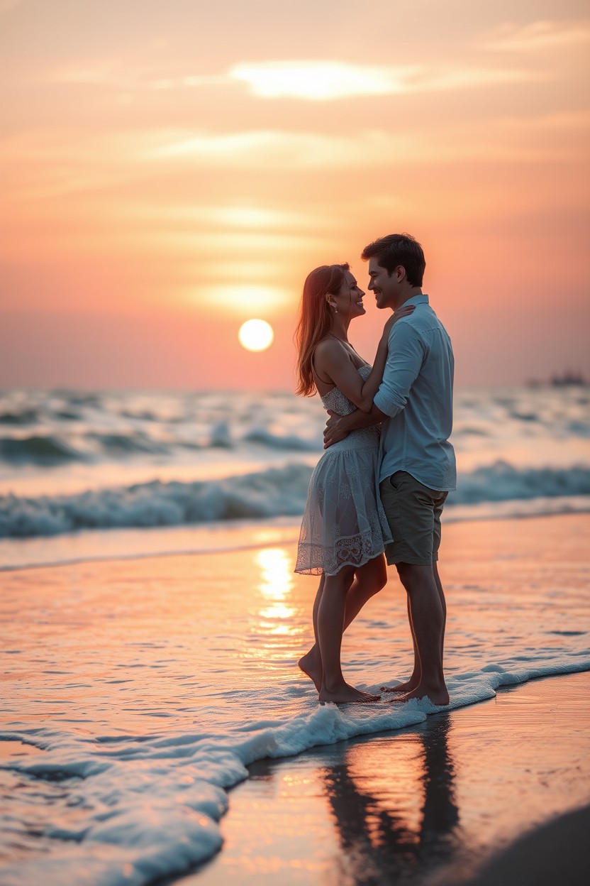 A romantic scene depicting a sunset on a serene beach, where a couple stands close, gazing into each other's eyes with a deep connection, as waves gently lap at their feet