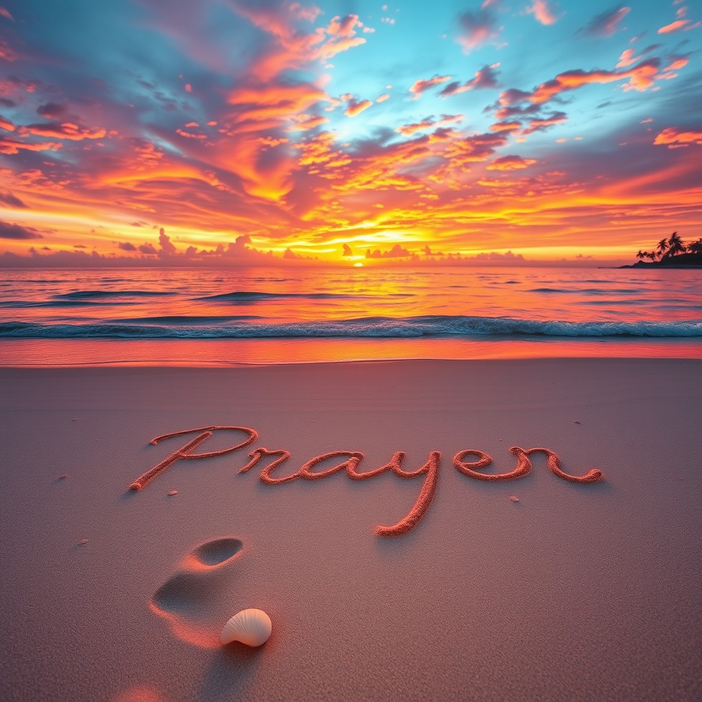 The word 'Prayer' elegantly written in cursive on a serene sandy beach during a breathtaking sunset
