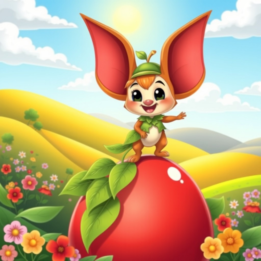 A playful and whimsical cartoon character, resembling a mischievous little creature with oversized ears and a big cheerful smile