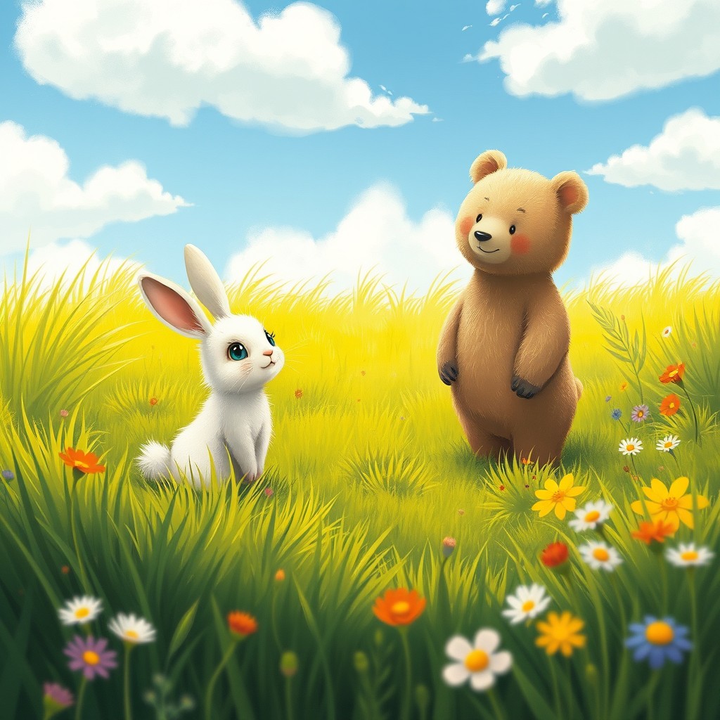 In the enchanting style of Jon Klassen, a charming scene unfolds on a vibrant green meadow where a small white rabbit looks up with wide, curious eyes at a friendly little bear standing nearby