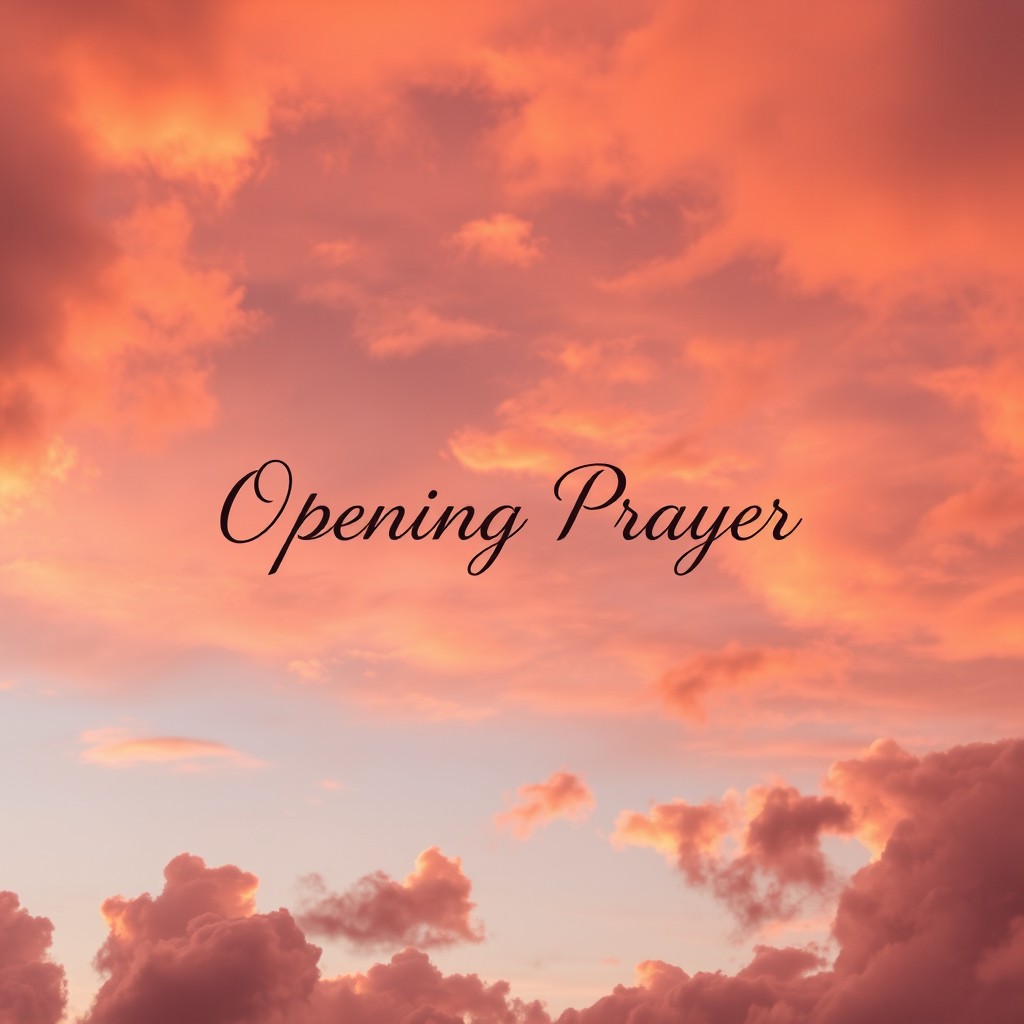 A breathtaking evening sunset sky filled with vibrant hues of orange, pink, and purple, with fluffy clouds softly illuminated by the setting sun