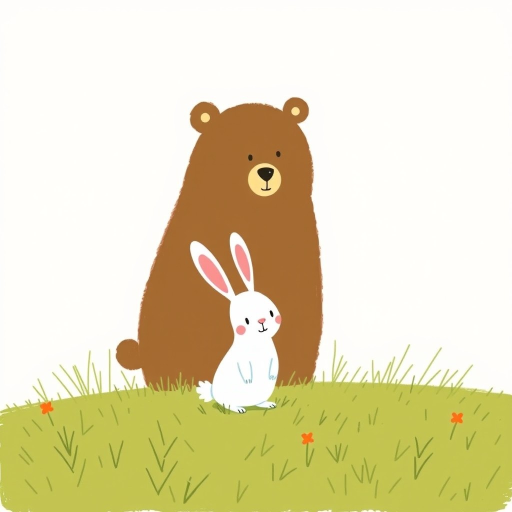 A small white rabbit standing next to a little bear, depicted in the charming style of Jon Klassen
