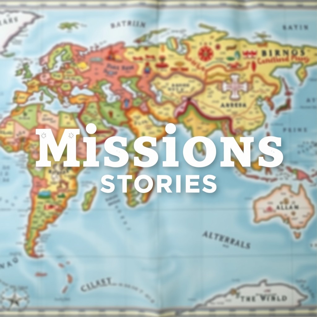 The phrase 'Missions Stories' prominently displayed in bold, adventurous typography, overlaying an intricate and colorful world map as the background
