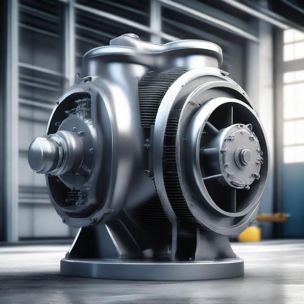 A highly realistic image of a centrifugal compressor, showcasing intricate mechanical details and reflective metal surfaces, set within an industrial background.