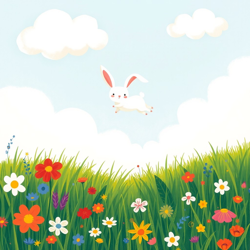 A whimsical scene featuring a small white rabbit flying in the sky, surrounded by fluffy clouds and a cheerful expression